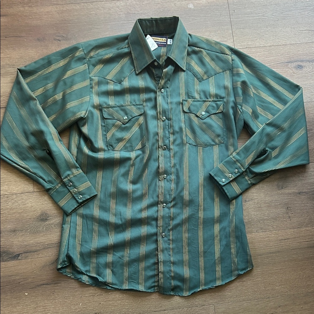 Panhandle Slim Vintage Green Striped Western Shirt with Gold Accents !! Size 16